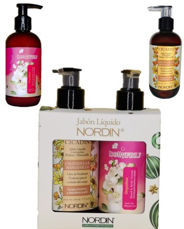 Regalo Navideño Nordin Crema Suavizante para manos y cuerpo con  Aloe Vera aroma a Orquideas + Jabón Líquido Calendula y Manzanilla
